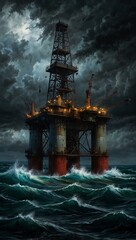 Sticker - Dramatic painting of an oil drilling rig in a storm.