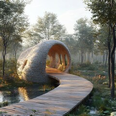 Poster - A wooden path leads to a stone archway in a misty forest.