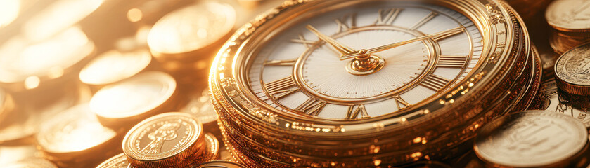 A gold and white clock with roman numerals sits on top of a pile of coins