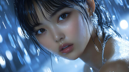 Poster - Water Droplets on Skin: A Close-Up Portrait of Beauty and Serenity