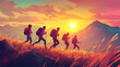 © Thiago - A joyful group of friends hiking through the mountains at sunset. Joyful. Illustration