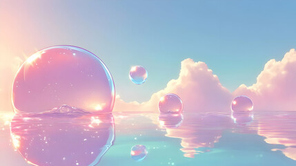 Canvas Print - Bubbles Floating on Calm Waters with Pink Sky and Clouds