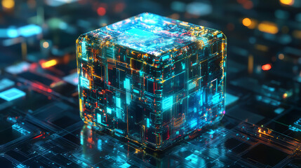 A digital cube with abstract circuit boards inside, representing AI technology. It's used for big data, new technology, machine learning, robotics, web design, cybersecurity, and advertising.