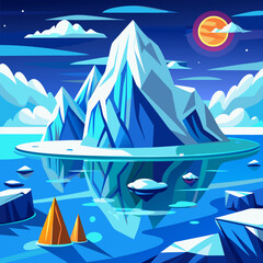 Arctic landscape with iceberg in ocean or sea. Cartoon vector illustration of blue polar scenery with glacier snow mountain and ice blocks floating in water. Cold northern horizon with floe.