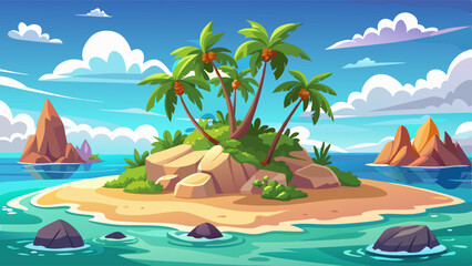 Island in ocean, uninhabited isle with beach, palm trees and rocks surrounded with sea water and cloudy sky above. Tropical landscape, empty land with sand and no people Cartoon vector illustration