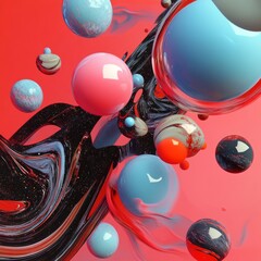 Wall Mural - Abstract 3D illustration with colorful spheres and wavy black shapes on a red background.