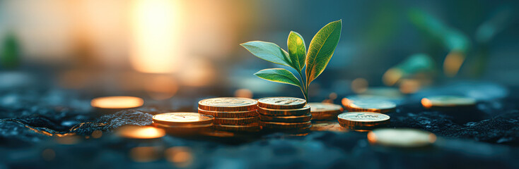 Poster - A plant is growing on top of a pile of coins