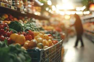 shopping cart full of fresh fruits and vegetables in supermarket aisle