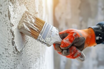 professional painter smoothing out wall paint, close up view