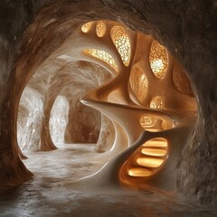 Canvas Print - Abstract cave-like interior with a staircase, glowing lights, and organic shapes.