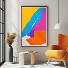 Wall Mural - Abstract colorful painting hanging on a white wall above an orange armchair, a side table, and a vase.