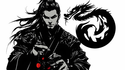 Sticker - Samurai Warrior with Dragon Tattoo, Black and White Illustration