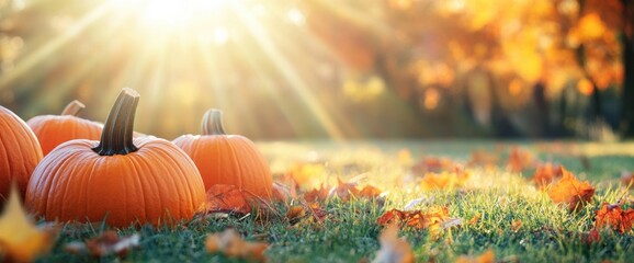 Pumpkins and gourds on grass in an autumn park with copy space for a banner Orange pumpkins, a fall season background for Halloween or an American national holiday concept Generative AI