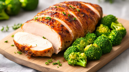 Wall Mural - Roasted turkey breast, sliced on a cutting board served with broccoli