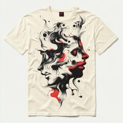 Canvas Print - Abstract design of two faces in black, white and red on a beige t-shirt.