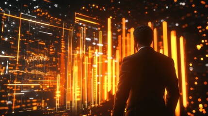 Businessman standing before digital data.