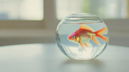 A tiny, colorful goldfish swims in a round glass bowl. The bowl sits on a white table inside. There's room to write something next to it.