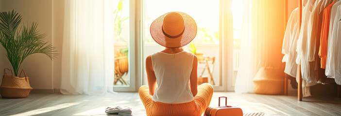 Poster - Joyful Woman Packing Suitcase in Hotel Room for Summer Trip