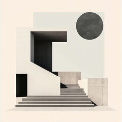 Poster - Abstract geometric composition with stairs, a cube, a circle, and concrete textures on a beige background.