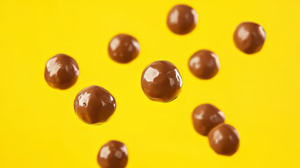 Chocolate-covered hazelnut candies are floating in the air against a bright yellow background. This high-quality image shows the delicious treat in a fun and creative way.