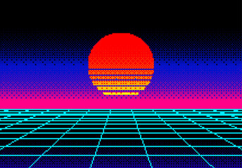 landscape with pixel sun and wireframe grid of 80s styled retro computer game. sci-fi background in 
