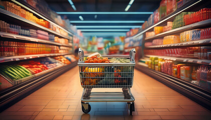 Full shopping cart in supermarket aisle with goods on a shelf - consumerism