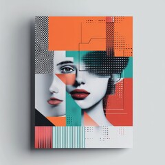 Canvas Print - Abstract geometric portrait of a woman with red lips, green and orange colors.