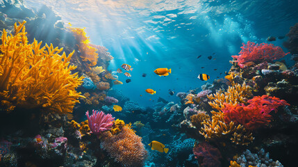 Colorful fish swim around a vibrant coral reef in a tropical ocean. This underwater scene is perfect for snorkeling or diving.