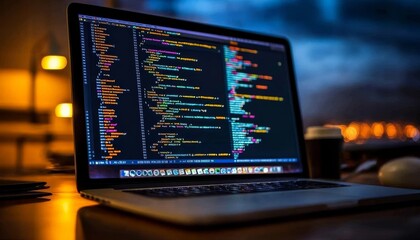 Wall Mural - modern software development environment laptop displaying code in ambient lighting at night