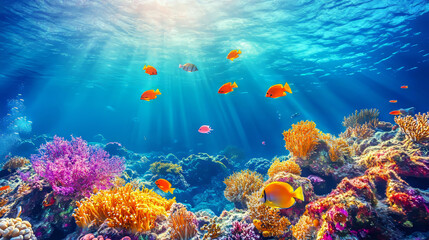 Wall Mural - Colorful fish swim around a vibrant coral reef in a tropical ocean. This underwater scene is perfect for snorkeling or diving.