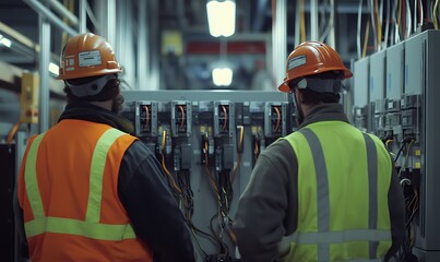 Two Electricians Inspecting Electrical Panel