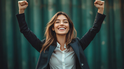 Young businesswoman is raising her arms in the air and smiling cheerfully, celebrating a recent business success