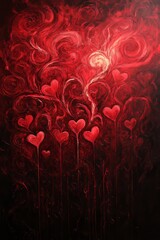 Canvas Print - Abstract painting of red hearts growing from dark swirling background, symbolizing love and passion.