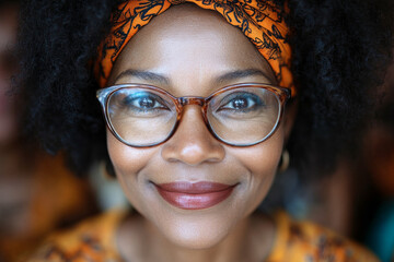 Sticker - A woman with glasses and an orange headband is smiling