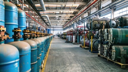 Sticker - Industrial Interior with Rows of Blue Cylinders