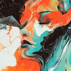 Poster - Abstract portrait of a woman with flowing paint colors.