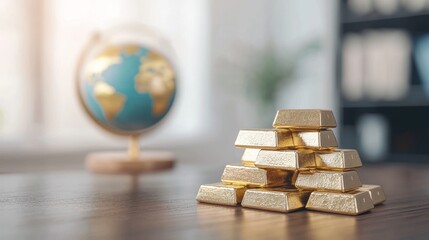 A stack of gold bars sits on a wooden table next to a globe, symbolizing wealth and global trade in a bright, modern setting.