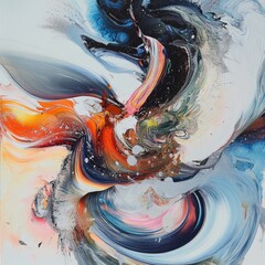 Abstract swirl painting in vibrant blue, orange, and white colors.