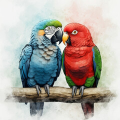 loving couple of cute parrots on a tree branch in watercolor illustration style