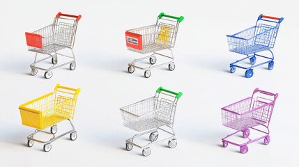 These are different types of shopping carts and baskets. They are designed for websites and online stores. You can see them clearly because they are on a white background.