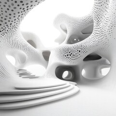 Sticker - Abstract white architectural structure with organic shapes and a staircase, resembling a futuristic environment.