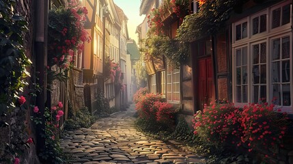 Wall Mural - Symbolist street with mystical elements dark colors and morning sunlight creating mystery