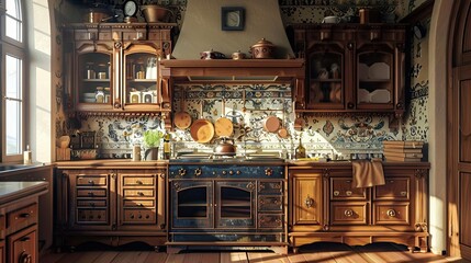 Wall Mural - Serene Renaissance kitchen with finely carved cabinets antique stove and warm light