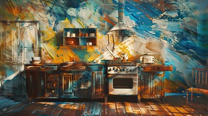 Wall Mural - Vibrant colors and expressive strokes define this abstract rustic kitchen scene