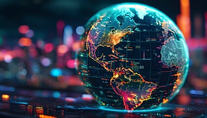 Wall Mural - Vibrant digital earth illuminated in neon, showcasing live economic updates and highlighting global connectivity and rapid information flow in a modern world