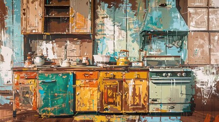 Wall Mural - Bold expressive kitchen with intense colors and energetic brushstrokes