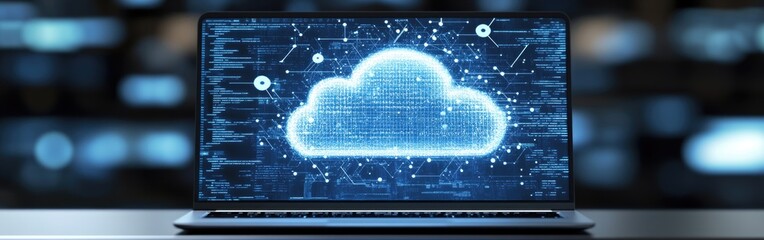 A laptop shows cloud computing code, illustrating advancements in digital transformation