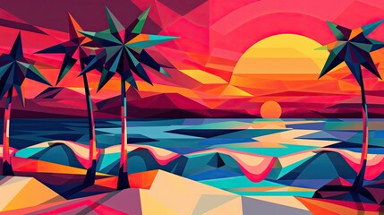 Graphic interpretation of beach scene with geometric forms and bold sunset colors