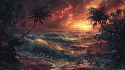 Wall Mural - Intricately detailed Gothic beach scene with ornate palm trees and dramatic sunset sky