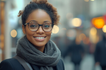 Sticker - A woman wearing glasses and a scarf is smiling